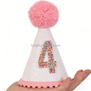 Chapeau de fête en <span class=keywords><strong>feutre</strong></span> pour premier anniversaire d'enfant avec pompon, rose pour bébé fille, 1er, 2e, 3e, 4e, 5e, 6e anniversaire, chapeau de fête en forme de cône - Product Image 4