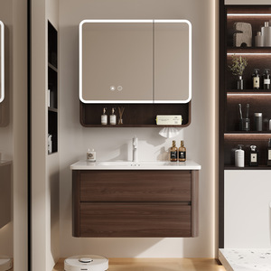 Meuble de salle de bain en aluminium nid d'abeille couleur noyer avec vasque intégrée en céramique - Product Image 6