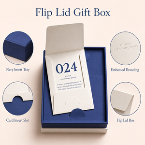 Boîte cadeau cosmétique personnalisée à couvercle rabattable, deux pièces, intérieur blanc et bleu marine, logo en relief, plateau à découpe, pour soins de la peau, vente en gros - Product Image 5