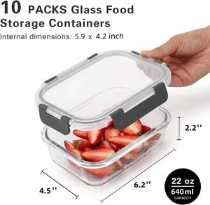 Conteneur de stockage alimentaire - 1040 ml chacun |   Boîte de rangement hermétique pour réfrigérateur |   Boîte en verre sans BPA avec couvercles verrouillables, micro-ondable et empilable - Product Image 6