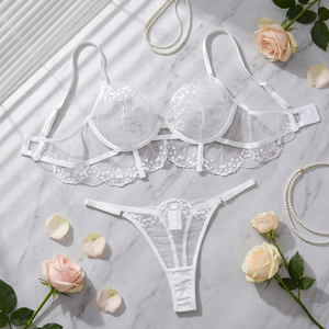 Conjunto de lencería bordada al por mayor, sexy, de malla transparente, con aros, sujetador y tanga, conjunto de ropa interior de encaje transparente para mujer, 2 piezas - Product Image 1