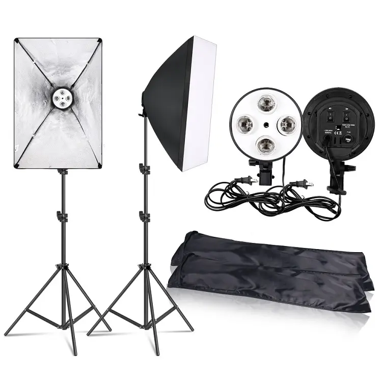 Fotografie 50x70CM Verlichting Vier Lamp Softbox Kit Met E27 Base Holder Soft Box Camera Accessoires Voor Foto studio Video