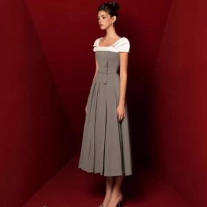 Abito Elegante da Cerimonia con Colletto Quadrato e Pieghe <span class=keywords><strong>Grigio</strong></span> <span class=keywords><strong>Vestito</strong></span> Lungo Classico <span class=keywords><strong>Aderente</strong></span> di Alta Qualità - Product Image 3