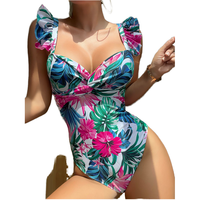 Nouveau bikini bandeau pour femme, taille haute, imprimé tropical, respirant, XL, une pièce avec décolleté en V profond, logo sur le devant, en élasthanne/polyester