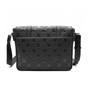 Custom Business Full Emboss Deboss Logo Black Vegan Pu Leather Messenger Shoulder Crossbody Bag For Men