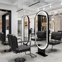 Miroir sur pied double face en acier inoxydable pour salon de coiffure avec éclairage, design minimaliste pour la coiffure, la coloration et la permanente