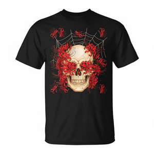 Camiseta con diseño de calavera de lirio araña rojo, diseño japonés de anime Otaku, color negro - Product Image 2