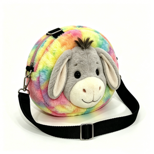 Bolso de Hombro de Peluche con Cara de Burro 3D Personalizado, Lindo, con Relleno de Algodón PP, Temática de Animales de Granja, Diseño Arcoíris, Halloween - Product Image 1