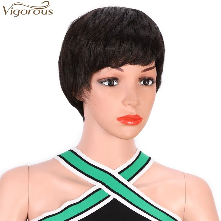 Kräftige kurze Pixie Cut Perücken mit Pony Glueless Black Synthetic Hair Perücke Natürliche kurze Frisuren für schwarze Frauen