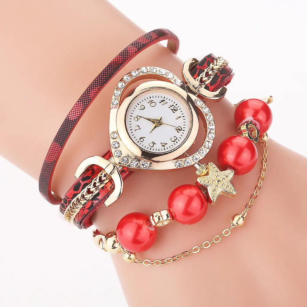 Wholesale Hot Selling Fashion Womens Crystal PU Beads Bangles Bracelet Quartz Watches For Ladies