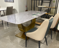 Ensemble de table à manger moderne en marbre italien de luxe ModHomi, base en acier inoxydable doré, 4, 6 ou 8 places, plateau rectangulaire en pierre frittée