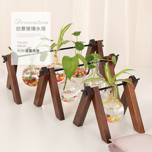 Vaso di fiori in vetro trasparente moderno <span class=keywords><strong>con</strong></span> Base in <span class=keywords><strong>legno</strong></span> Design creativo appeso per la decorazione della casa giardino natale vacanza Rattan materiale - Product Image 6