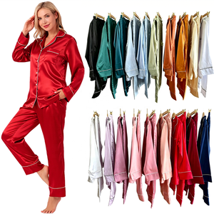 Conjuntos de Pijamas de Seda Satinada para Mulheres, Luxuosos, com Gola Reversível, Prontos para Envio, para Verão e Inverno, Roupas de Dormir para Noivas, Comprimento Total - Product Image 1