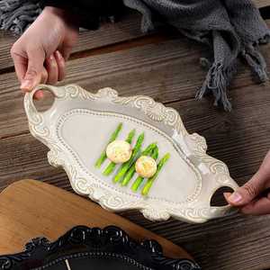 Assiette à dîner rétro en céramique gaufrée Steak Pain Fruits <span class=keywords><strong>Dessert</strong></span> Salade de fruits Plateau de service avec poignée Fête Restaurant Vaisselle - Product Image 5