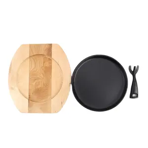 Cookware Cast Iron Round Steak Food Skillet Frying Pan Fajita Teppanyaki Sizzling Hot Plate Set with Wooden Base