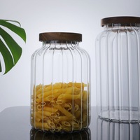 Grand pot de rangement vertical en verre borosilicate côtelé avec couvercle hermétique en bois d'acacia, boîte de cuisine pour thé et épices
