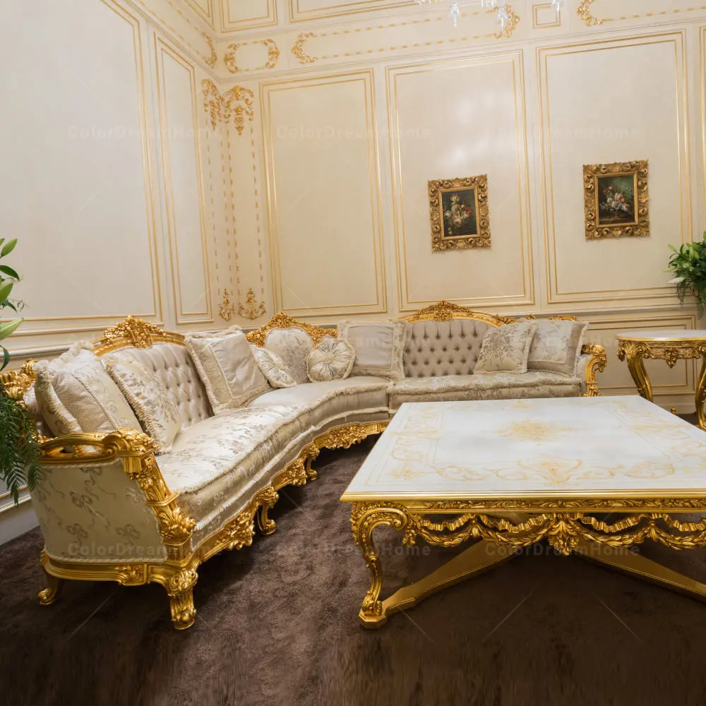 Divano in tessuto francese De divano di lusso Set divani angolari in legno intagliato europeo divano Vintage a forma di L