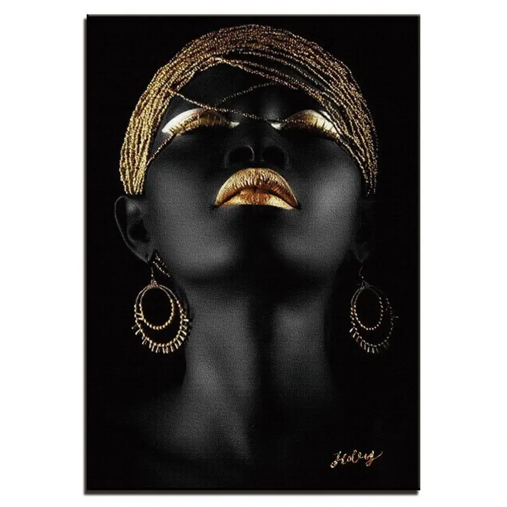 One piece canvas oil painting living room African portrait black gold lips art Scandinavian mural without frame