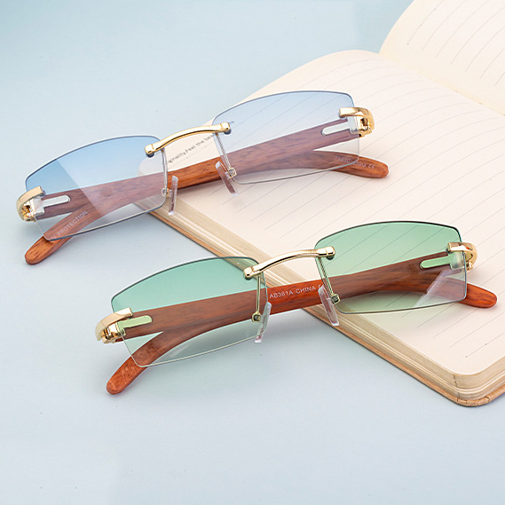 Sunray Fashion Square Rimless Classic Men's Sunglasses Wooden Temple Ocean Small Lens Male Driving Sun Glasses UV400