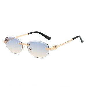 <b>Rimless</b> Oval <b>Sunglasses</b> Gold Frame Black Lenses UV400 Protection Unisex Adult Style - Product Image 5