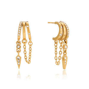 Boucles d'oreilles pendantes en acier inoxydable plaqué or 18 carats avec strass, trois couches, anneau en C, pompon, bijoux géométriques pour femmes - Product Image 5