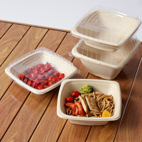 Bol à salade carré en bagasse de canne à sucre 16/24/32/42oz avec couvercle transparent en PET, compostable, biodégradable, de qualité alimentaire, pour plats à emporter