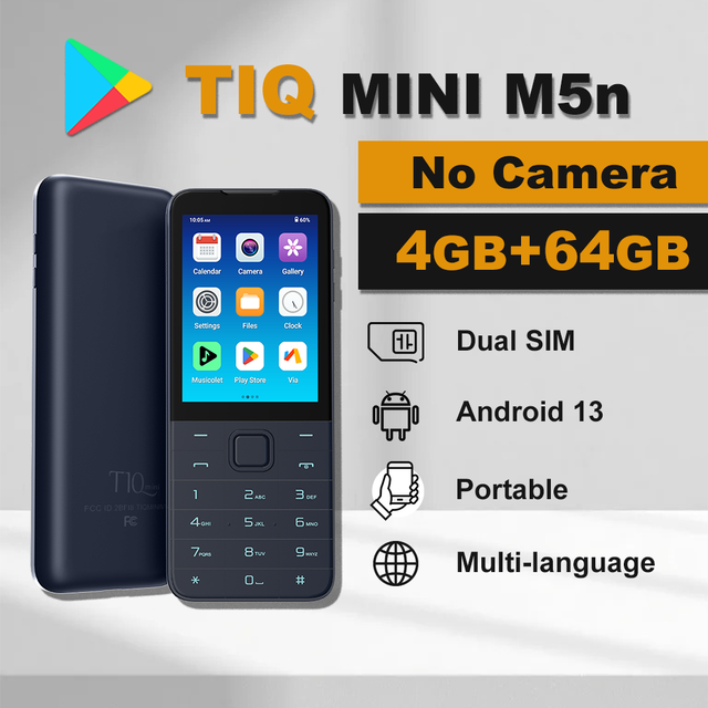 TIQ MINI M5n No Camera Privacy Smart Feature Phone 4G LTE GMS Dual SIM 4+64GB MTK6761 Android Mini Keypad Mobile Phone