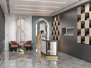 Comptoir d'exposition moderne pour parfumerie, aménagements personnalisés pour magasin de cosmétiques, étagères murales en bois, design intérieur de vente au détail - Product Image 3