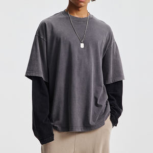 Custom Retro Acid Wash <b>Tshirt</b> Unisex Streetwear Print Graphic Double Layer O-neck <b>Long</b> Sleeve T-shirt for Men - Product Image 2