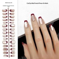 Ongles artificiels à presser, style français, effet œil-de-chat, bord rouge, forme carrée, longueur moyenne, 30 pièces, très demandés