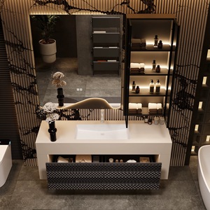 Customized hotel style 304 stainless steel LED light ceramic integrated seamless basin wall mounted bathroom cabinet - Product Image 5