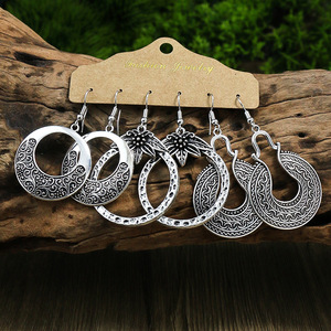 Vintage Geometric Alloy <b>Hoop</b> Earrings Antique <b>Silver</b> Plated Women's Party Fashion Jewelry Set - Product Image 2