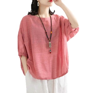 Women's Loose Solid Color Imitation Cotton <b>Linen</b> Short Sleeve T-Shirt <b>Top</b> Casual Summer <b>Plus</b> <b>Size</b> Pink - Product Image 5