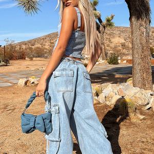 Ensemble deux pièces en jean et coton pour femmes et jeunes filles, style streetwear, crop top, vente en gros OEM - Product Image 2