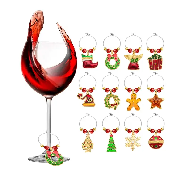 12 Pieces Christmas Themed Christmas Wine Charms for Party Favors