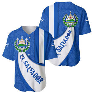 El Salvador wapen baseball shirt met gebogen tekst en blauw gepatroneerde achtergrond, groothandel polyester knoopsluiting baseball tops - Product Image 2