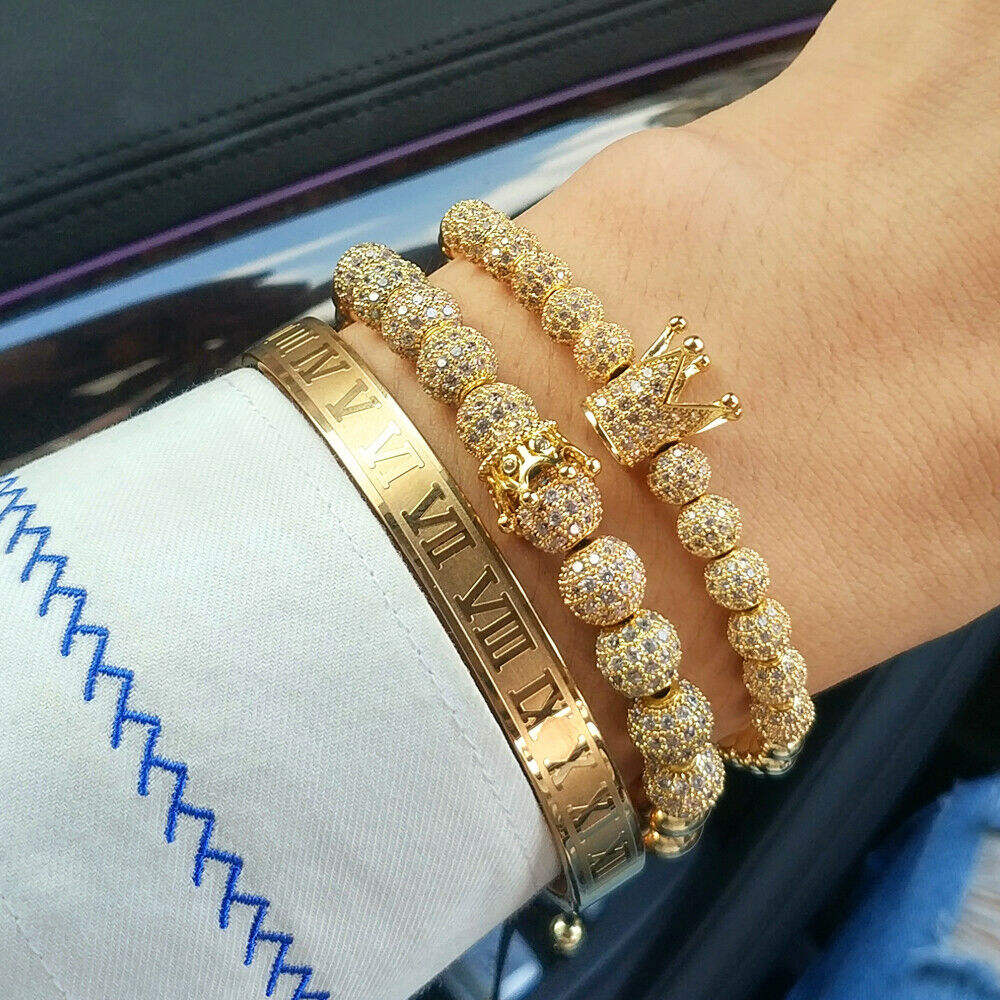 Luxury Men Cubic Zirconia Queen King Crown Bracelet Roman