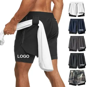 Hoge Kwaliteit 2 In 1 Snelle Droge Zweet Gym Shorts Met Handdoek Hanger Polyester Spandex Training Fitness Shorts Voor Mannen