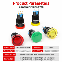 Tombol Tekan Darurat Berbentuk Jamur 16mm 110V 220V Momentary Latching Panel Mount Kontrol Mesin Merah Kuning