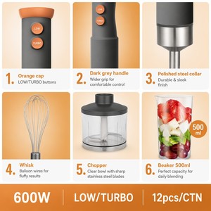 Mixeur Plongeant Cedar Space 4-en-1, Ensemble Mixeur Plongeant 600W Haute Puissance, Corps en Acier Inoxydable Chromé, 2 Vitesses, Fouet, Bol - Product Image 2