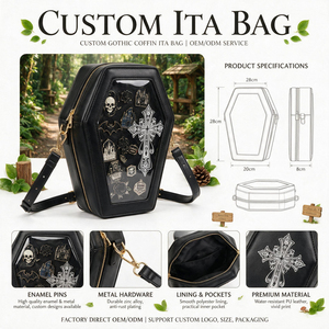 Sac à bandoulière Ita Bag personnalisé en PU noir gothique avec fenêtre transparente, pour rangement de badges et épingles, pour femmes - Product Image 1