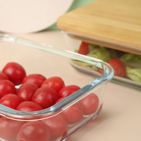 Ensemble de 3 bols rectangulaires pour salade de fruits, compatibles avec le micro-ondes, en verre borosilicate de haute qualité, récipient de stockage alimentaire, boîte à lunch, couvercle en bambou, 370 ml