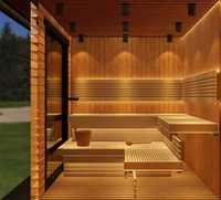 Cabine de sauna en bois en forme de L pour l'extérieur, vente en gros d'usine, avec véranda ouverte étendue