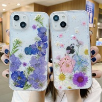 Coque de téléphone transparente en époxy scintillante avec fleurs séchées pressées, qualité supérieure, protection intégrale antichoc en TPU+PC