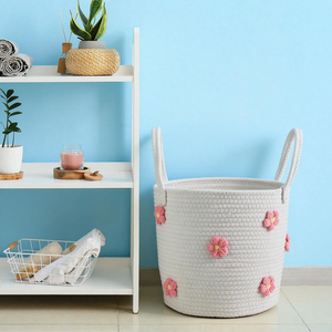 Cestos de Corda de Algodão Trançados para Organização com Flor 3D, Cesto de Roupa Redondo para Berçário, Cesto de Armazenamento Pequeno para Lavanderia - Product Image 4