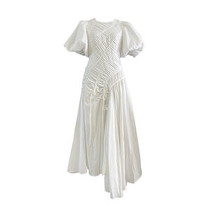 Vestito estivo di alta qualità da donna di nuovo stile elegante francese semplice abito lungo a sbuffo con collo rotondo elegante plissettato elegante abito da festa - Product Image 2