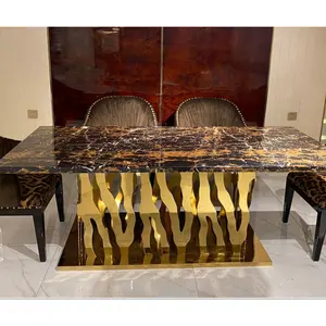 斑马-D拉丝黄金设计餐台6椅餐厅家具