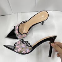 Sandalias de tacón de aguja con bordado floral, punta fina, malla, sin talón, para boda, novia, fiesta de noche. Soporte OEM ODM.