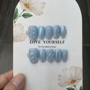 Faux <span class=keywords><strong>ongles</strong></span> de luxe faits à la main, <span class=keywords><strong>bleu</strong></span> <span class=keywords><strong>marine</strong></span>, avec fleurs 3D bleues et fil argenté, couleurs mélangées, forme amande, pour soirées et banquets - Product Image 4