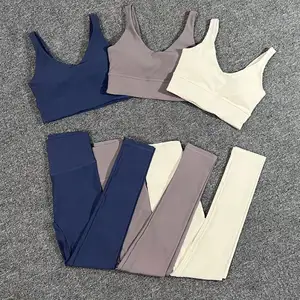 Aktivbekleidung nahtlos geripptes zweiteiliges Yoga-Set hochwirkungsfähiger Sport-BH Legginsanzug Fitness-Sets für Damen